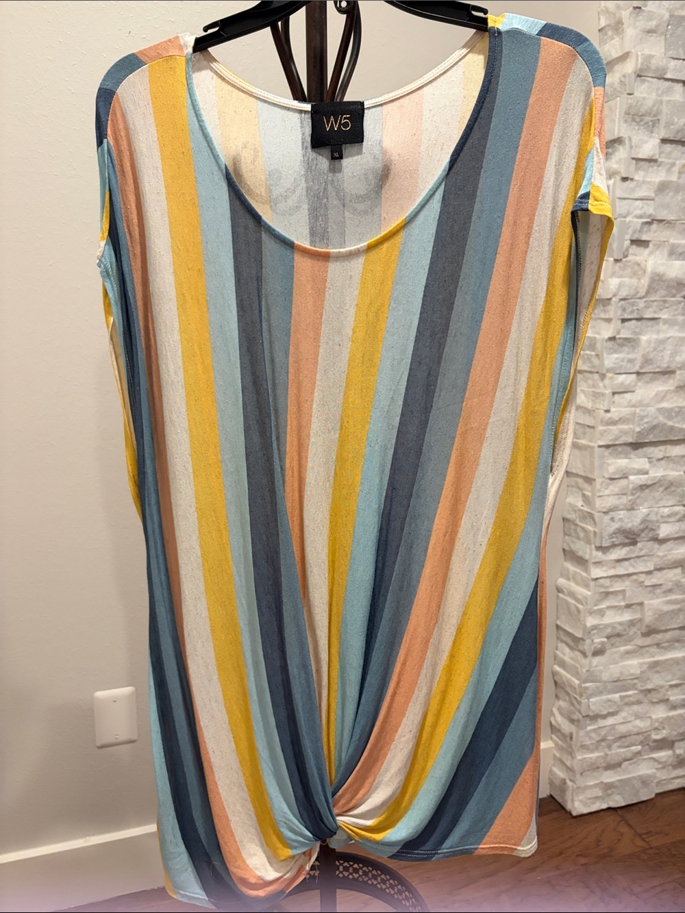 W5 Striped Knot-Front Tunic in Yellow, Blue & Peach